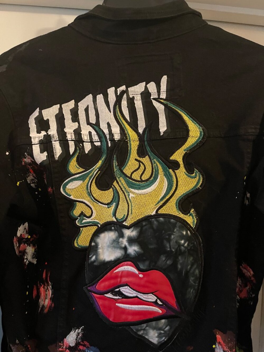 Cotton Edgy Black Denim Jacket, Kloud 9  with paint splatter & rhinestones